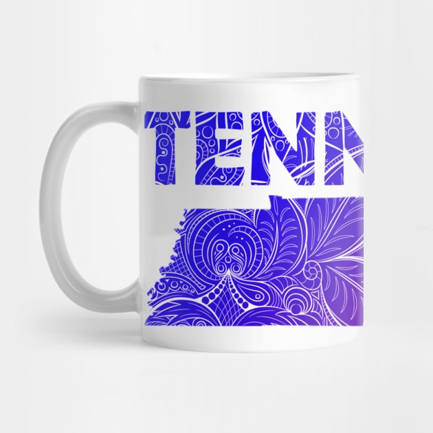 Colorful mandala art map of Tennessee with text in blue and violet by Happy Citizen